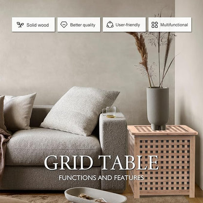 Wooden Grid Side Table for Indoor/Outdoor,Small Coffee Table for Boho Corner/Patio/Living Room,Storage Bin Deck Box for Cushions,Toys,Furniture Covers,Etc.Original Wood Color