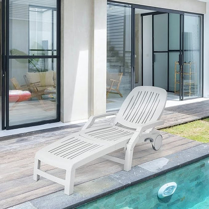 Tangkula Outdoor Chaise Lounge Chair, 5-Position Adjustable Recliner with Storage Box and Flexible Wheels, All-Weather Folding Patio Lounge Chair for Poolside, Beach and Backyard (2, White)