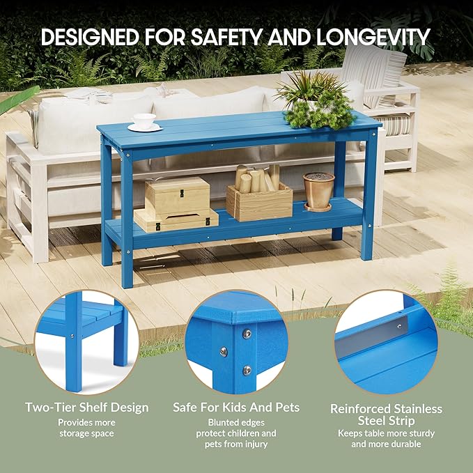 WestinTrends Malibu 55" Outdoor Patio HDPE Adirondack 2-Tier Shelf Console Table, Pacific Blue