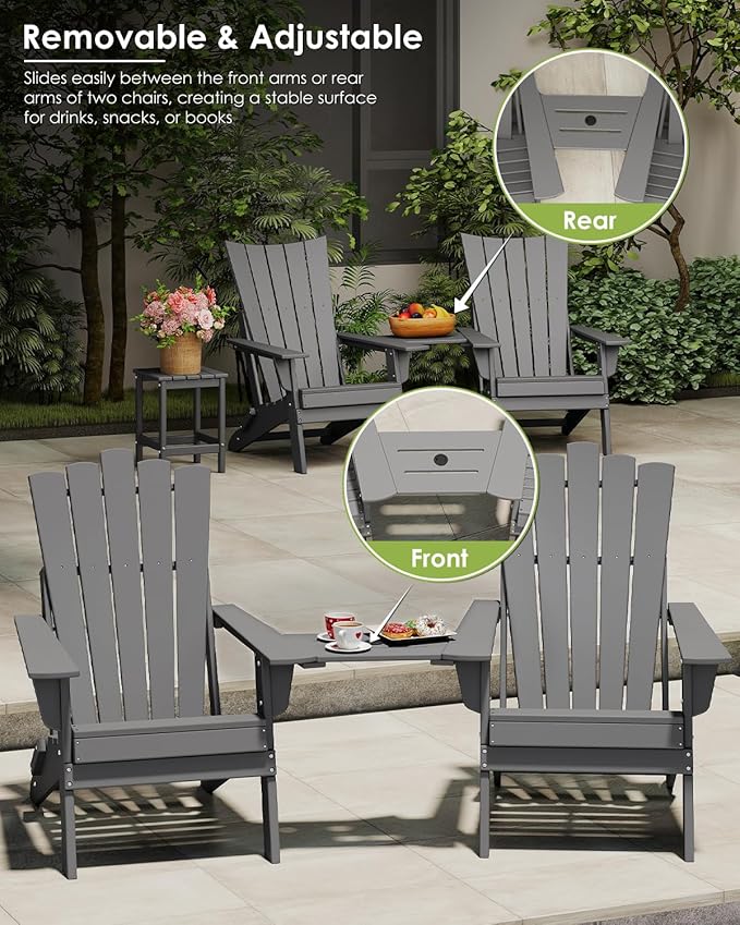 GREENVINES Folding-Adirondack-Chairs-Set-of-2 | HDPE Plastic | Throne Series | Fire Pit Chair | with Connecting Tray | Removable Table | All Weather | for Outdoor Patio Deck Poolside | Grey