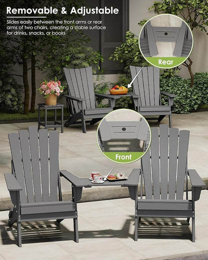 GREENVINES Folding-Adirondack-Chairs-Set-of-2 | HDPE Plastic | Throne Series | Fire Pit Chair | with Connecting Tray | Removable Table | All Weather | for Outdoor Patio Deck Poolside | Grey