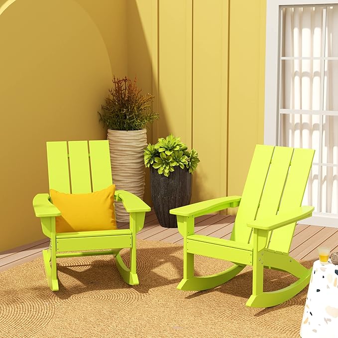 WO WESTIN OUTDOOR HDPE Shoreside Modern Rocking Poly Adirondack Chair (Set of 2),Lime