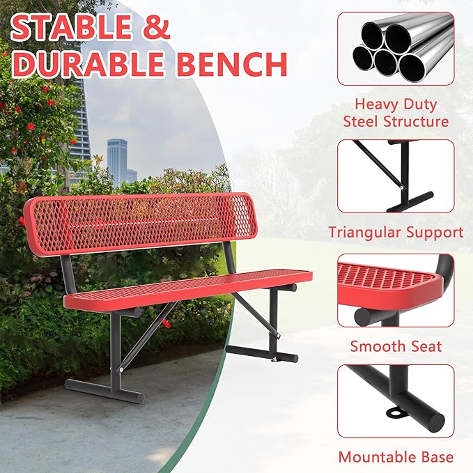 72" Metal Park Benches for Outside - Red Outdoor Benches Heavy Duty Garden Weatherproof Bench with Backrest, Buddy Bench for Schools,Commercial Benches for Shopping Mall, Store, Yard, Patio