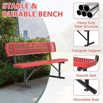 72" Metal Park Benches for Outside - Red Outdoor Benches Heavy Duty Garden Weatherproof Bench with Backrest, Buddy Bench for Schools,Commercial Benches for Shopping Mall, Store, Yard, Patio