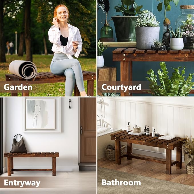 35.5" Outdoor Garden Bench, Weatherproof Patio Benches 2-Person Seat Backless Wooden Porch Bench - Photo 6