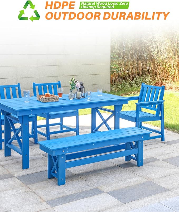 HDPE Outdoor Dining Set of 6, Patio Dining Table Set with 4 Chairs and 1 Bench - Photo 6