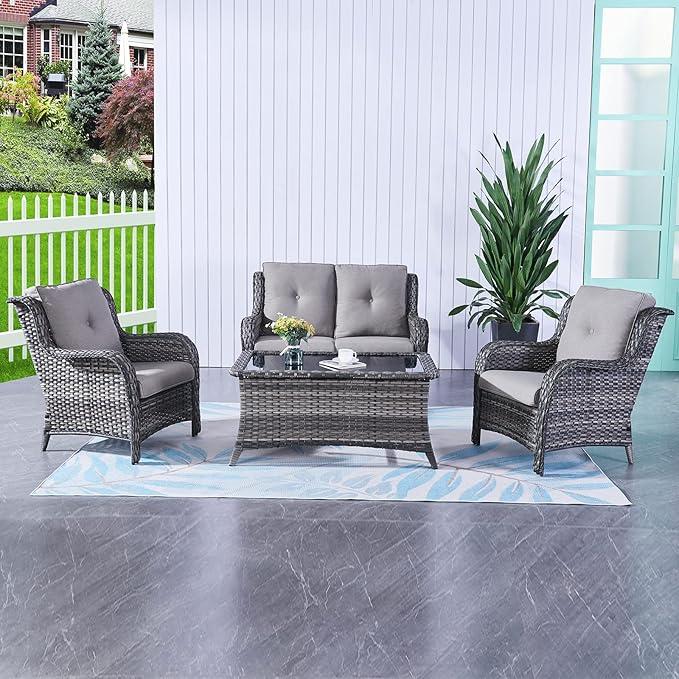 HUMMUH 4 Piece Patio Conversation Furniture Set PE Wicker Rattan Outdoor Loveseat Sofa,Patio Chairs,Coffee Table for Garden,Poolside,Backyard,Deck