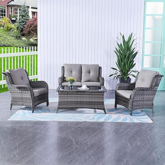 HUMMUH 4 Piece Patio Conversation Furniture Set PE Wicker Rattan Outdoor Loveseat Sofa,Patio Chairs,Coffee Table for Garden,Poolside,Backyard,Deck