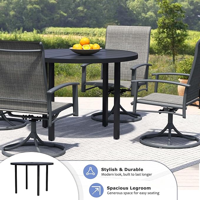 42" Round Patio Dining Table for 4, All-Weather Metal Patio Table with Umbrella Hole, Outdoor Round Dining Table for Lawn Garden Porch, Black