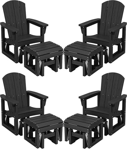 SERWALL Outdoor Glider Chair Set of 4 with Ottoman, HDPE Wood-Like Patio Glider Set All-Weather Porch Glider for Outside, Black
