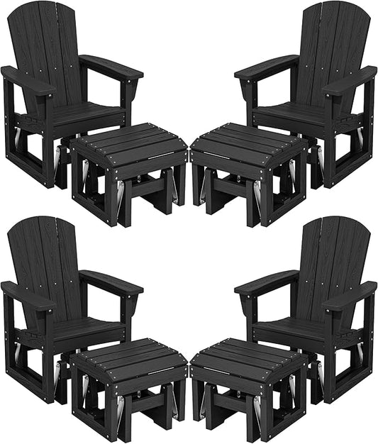 SERWALL Outdoor Glider Chair Set of 4 with Ottoman, HDPE Wood-Like Patio Glider Set All-Weather Porch Glider for Outside, Black