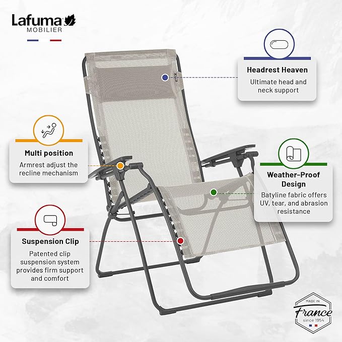 Lafuma Futura XL Zero Gravity Outdoor Steel Framed Lawn Recliner Chair with Armrest, Extra Wide Recliner, and Adjustable Neck Pillow, Seigle