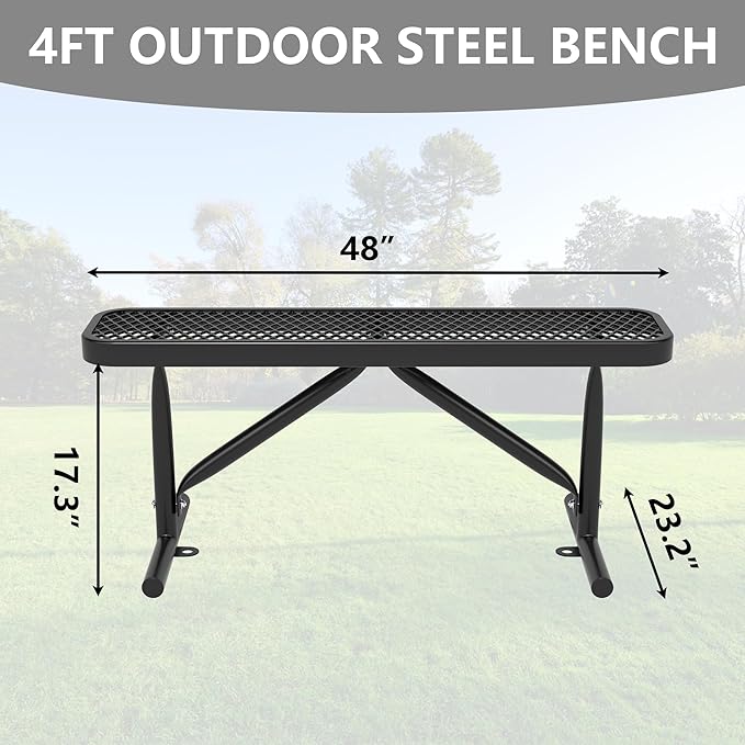 4 Feet Outdoor Steel Bench, Black Heavy Duty Metal Park Bench for Outside, Weatherproof Dock Bench, 48" L Commercial Benches Mesh Bench for Shopping Mall, Store, Lawn, Park, Patio, Deck, Garden
