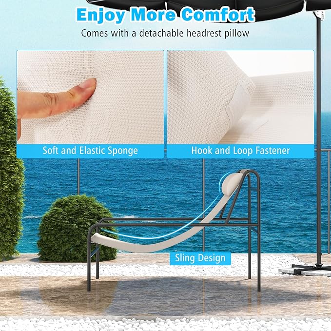 Tangkula Patio Sling Lounge Chair, Modern Sling Accent Chair w/Removable Headrest Pillow, Heavy-Duty Metal Frame, Breathable Seat Fabric, Leisure Chair for Indoor Outdoor, 350 lbs Max Load (1)