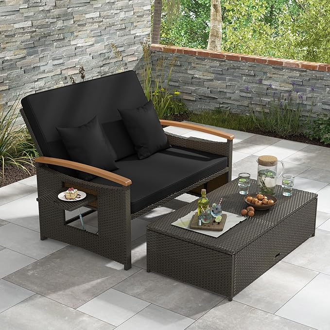 LDAILY Moccha Outdoor Wicker Daybed, Patio Rattan Loveseat Sofa w/ 4-Level Adjustable Backrest, Folding Panels, Storage Ottoman & Cushions, Lounge Furniture Set for Poolside Backyard Porch (Black)