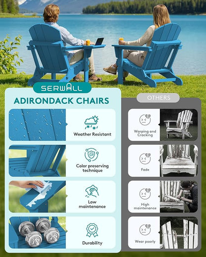 SERWALL Folding Adirondack Chair Set of 2, Outdoor Adirondack Chairs with 4 in 1 Cup Holder, Wood Texture Patio Chairs, Weather Resistant Fire Pit Chairs for Patio Deck Garden, Backyard - Navy Blue