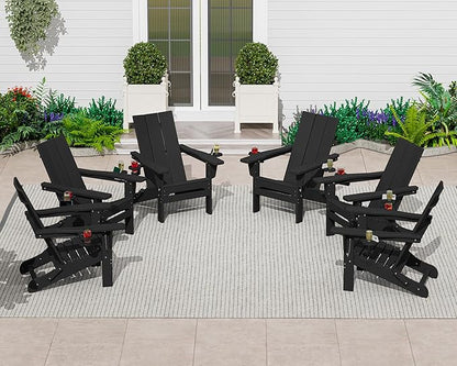SERWALL Double Cups Adirondack Chair Set of 4, Folding Modern Adirondack Chairs, HDPE Outdoor Adirondack Chair for Patio, Black