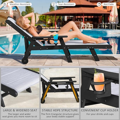 Outdoor Chaise Lounge Chair with Table, 5-Position Adjustable Patio Lounge Chair with Wheels & Cup Holder, HDPE Pool Lounge Chair for Outside, Poolside & Beach (Black+White)