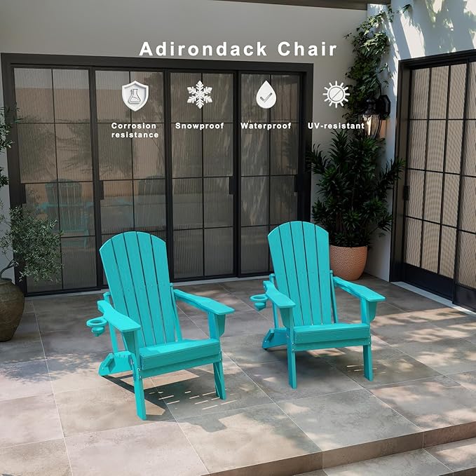 Folding Adirondack Chair Set of 2，Wooden Textured Fire Pit Chair with Cup Holder, Heavy All-Weather HDPE Plastic Outdoor Patio Chairs for Poolside Backyard Patio Outdoor Garden