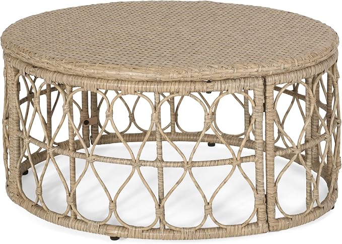 Boho Round Coffee Table - Circular Rattan Patio Coffee Tables, All-Weather and Rust Resistant, Bohemian Design Outdoor Furniture for Patio, Poolside, Garden, Yard, Backyard, Balcony