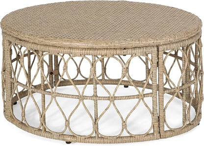 Boho Round Coffee Table - Circular Rattan Patio Coffee Tables, All-Weather and Rust Resistant, Bohemian Design Outdoor Furniture for Patio, Poolside, Garden, Yard, Backyard, Balcony