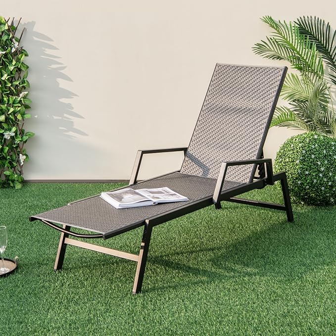 Tangkula Outdoor Rattan Chaise Lounge, Woven PE Wicker Reclining Chair with Armrests & 5-Position Backrest - Photo 4