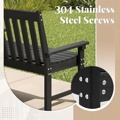 RELAX4LIFE 2-Person Patio Outdoor Bench - 52’’ All-Weather HDPE Garden Bench with Armrests & Slatted Backrest, Patio Bench for Front Porch Park Poolside Backyard, 705 LBS Weight Capacity (Black)