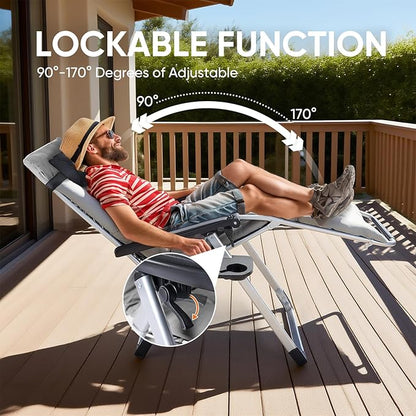 DUMOS Zero Gravity Chair, Reclining Camping Lounge Chair for Outdoor, Reclining Patio Chairs with Cup Holder Trays and Removable Cushion, Folding Recliner for Indoor, Grey