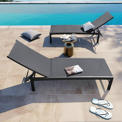 Crestlive Products Chaise Lounge Chair Outdoor Set of 2, Adjustable 5 Positions Pool Lounge Chairs, Metal Tanning Recliner, Outdoor Furniture All Weather for Patio, Beach, Yard, Pool