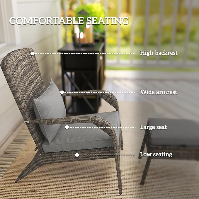 Outsunny Patio Wicker Adirondack Chair with Ottoman, Outdoor Fire Pit Chair with Cushions, High-Back, Large Seat & Armrests for Deck, Garden & Backyard, Gray