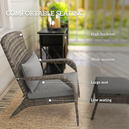 Outsunny Patio Wicker Adirondack Chair with Ottoman, Outdoor Fire Pit Chair with Cushions, High-Back, Large Seat & Armrests for Deck, Garden & Backyard, Gray