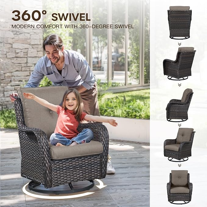 Patio Loveseat Glider Set, Resin Wicker Loveseat Glider with 4 Swivel Patio Chiars Coffee Table, 6 Piece Patio Conversation Set PE Rattan Loveseat Set, Brown Wicker|Grey Cushions