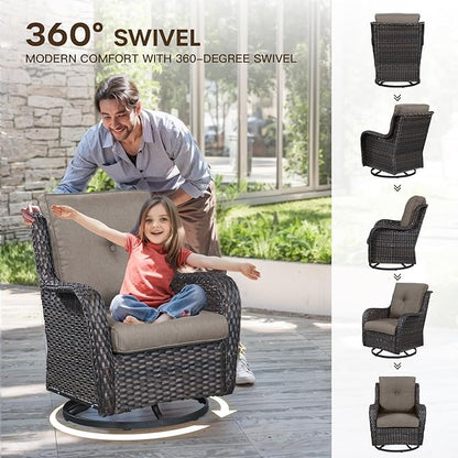 Patio Loveseat Glider Set, Resin Wicker Loveseat Glider with 2 Swivel Patio Chiars Coffee Table and Side Table, 5 Piece Patio Furniture Set Loveseat Set, Brown Wicker|Grey Cushions