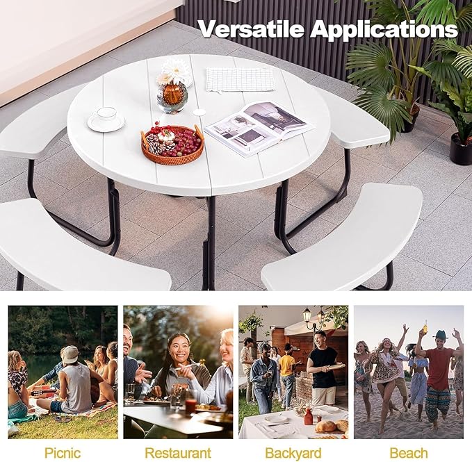 Round Picnic Table for Outdoors, 8 Person Outdoor Picnic Tables & Benches Set with Umbrella Hole - Photo 8