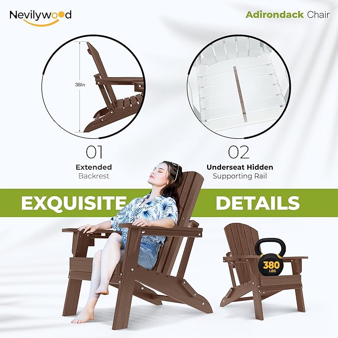 nevilywood Folding Adirondack Chair with Cup Holder Set of 2, HDPE Patio Chairs,All-Weather Outdoor Chairs for Backyard, Deck,Fire Pit-Coffee