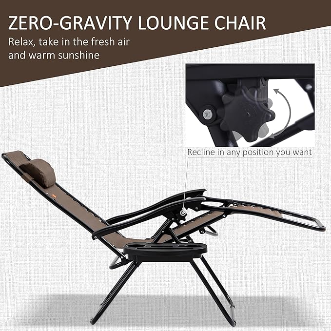 Outsunny Zero Gravity Chair Set with Side Table, Folding Reclining Chair with Cupholders & Pillows, Adjustable Lounge Chairs for Pool, Backyard, Lawn, Beach, Brown