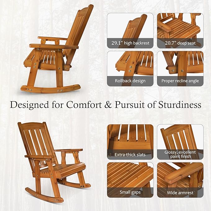 Wooden Patio Rocking Chair with Comfortable Backrest Inclination, High Backrest and Deep Contoured Seat, Solid Fir Wood, Heavy Duty 600 LBS, for Both Outdoor and Indoor (Natural)