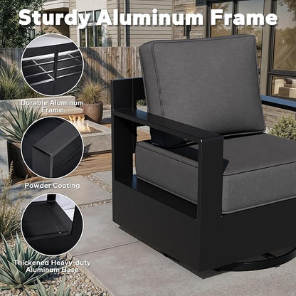 Outdoor Aluminum Furniture Set, 6-Piece Patio Conversation Set, 2 Swivel Chairs, 2 Chairs,1 Sofa and 1 Table, All-Weather Metal Frame, 6" Thick Removable Cushions, Deep Setting for Garden, Porch