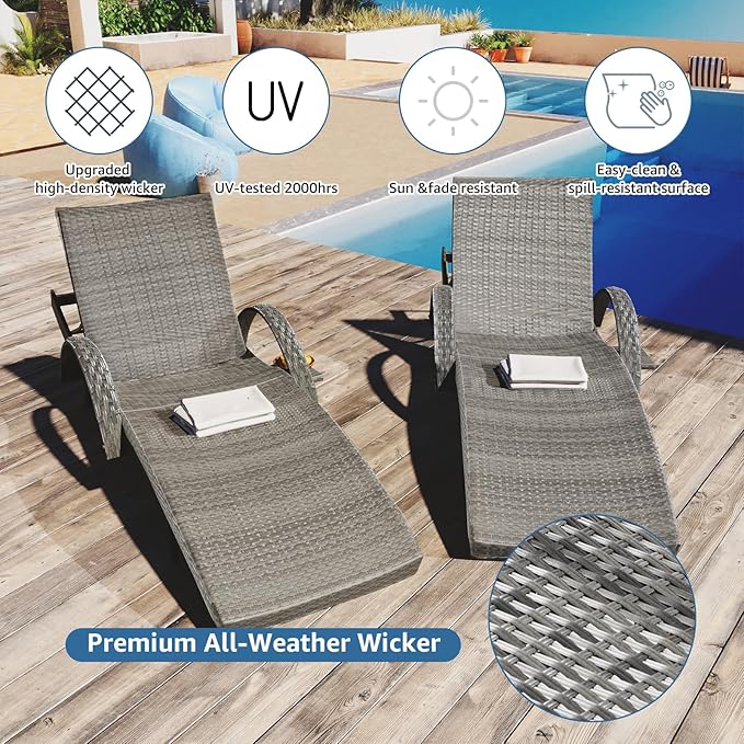 80.3" Chaise Lounge Outdoor Set of 6, Wicker Pool Lounge Chairs Outdoor with Pull-Out Side Table - Photo 7