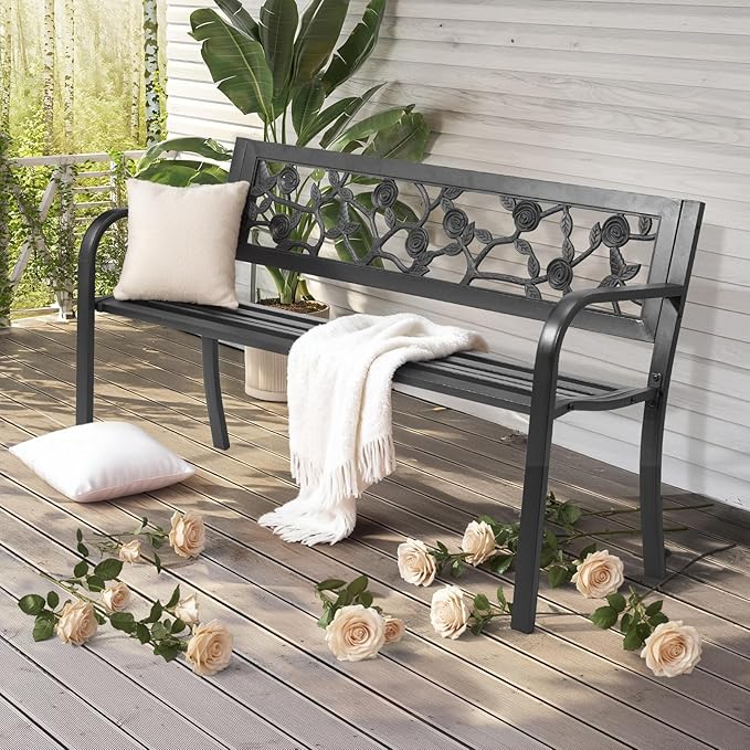 VINGLI Outdoor Metal Bench w/PVC Back - All Weather Resistant Black Garden Patio Bench for Entryway Front Porch Entryway Decor Deck (Black, Rose)
