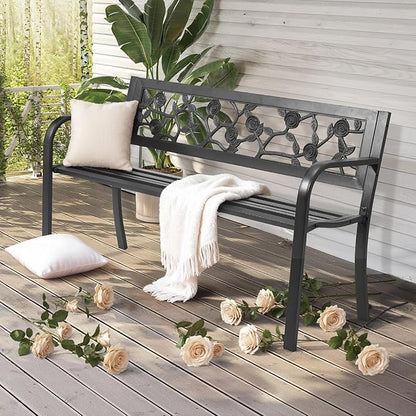 VINGLI Outdoor Metal Bench w/PVC Back - All Weather Resistant Black Garden Patio Bench for Entryway Front Porch Entryway Decor Deck (Black, Rose)