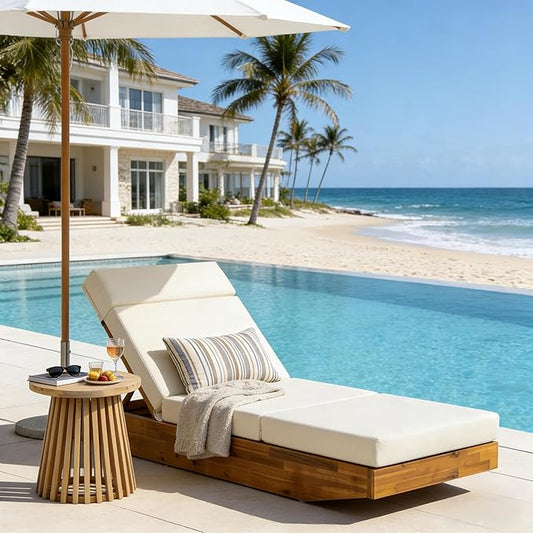 Christopher Knight Home Maril Acacia Wood Chaise Lounge Chair Outdoor, Adjustable Backrest Sun Lounger Recliner, Patio Outdoor Chaise Lounge with 4" Thick Water-Resistant Cushion, Teak+Beige