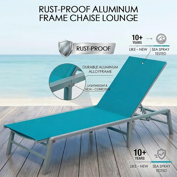 Kozyard 3-Pieces Patio Lounge Set, 2 Foldable Adjustable Lounge Chairs and Side Table, Aluminum Frame, Breathable Textilene Fabric, Assemble-Free, Reclining to Flat for Pool, Beach (MintGreen)