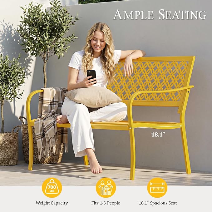 ONBRILL 50" Outdoor Bench, Garden Benches with Galvanized Metal Frame, Front Porch Bench with Floral Backrest, Patio Furniture with Adjustable Feet for Park, Yard, Lawn, Entryway, Yellow