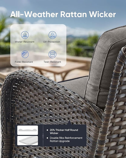 5 Pieces Outdoor Wicker Patio Furniture Set-High Back Outdoor Rocking Chairs Set of 2 with Ottoman Patio Conversation Sets for Deck Lawn Porch Balcony Poolside-Brown/Grey