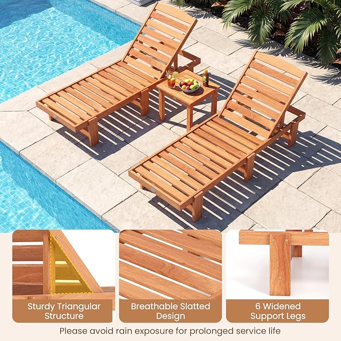 Tangkula Lounge Chair Outdoor, Solid Wood Patio Chaise Lounge with 5-Level Adjustable Backrest, Wooden Slatted Beach Pool Sunbathing Recliner for Outside Backyard, 500 LBS Max Load (2,Natural)