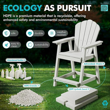 Tall Adirondack Chair Set of 4 with Double Connecting Tray, Recycled HDPE with Wood Grain, Weather Resistant, Outdoor Adirondack Chairs for Deck, Balcony, Patio, Backyard, White