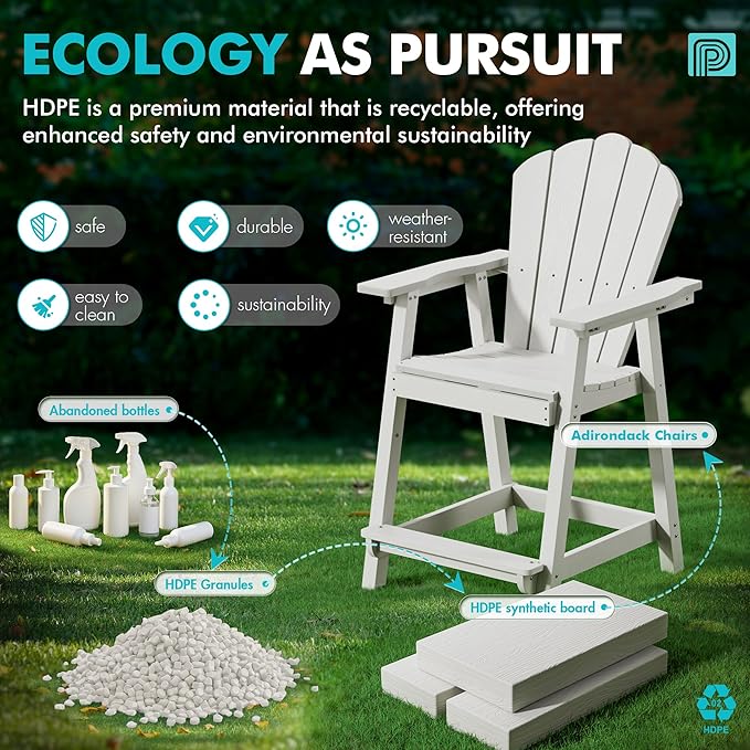 Tall Adirondack Chair Set of 2 with Double Connecting Tray, Recycled HDPE with Wood Grain, Weather Resistant, Outdoor Adirondack Chairs for Deck, Balcony, Patio, Backyard, White
