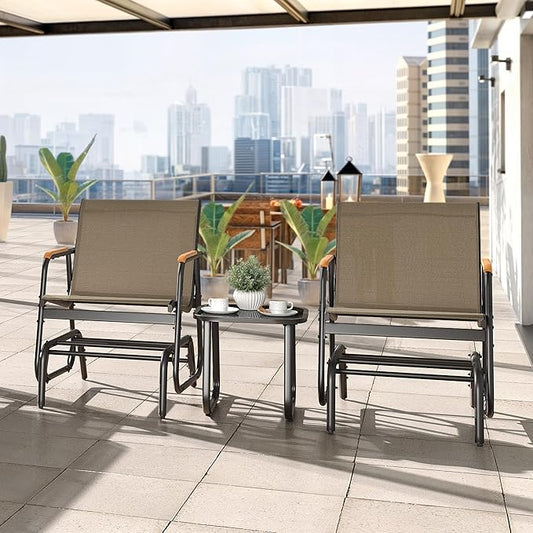 YITAHOME 3 Piece Patio Furniture Set, Outdoor Glider Chair Bistro Set, Coffee Table with Tempered Glass Tabletop, Patio Textilene Chairs Set of 2 for Backyard, Lawn, Garden, Balcony and Porch, Brown
