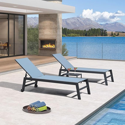 PURPLE LEAF Patio Chaise Lounge Set for 2 Outdoor Chaise Lounge Chair with Aluminum Frame and Wheels Pool Lounge Chairs for Deck Yard Poolside Table Included, Teal